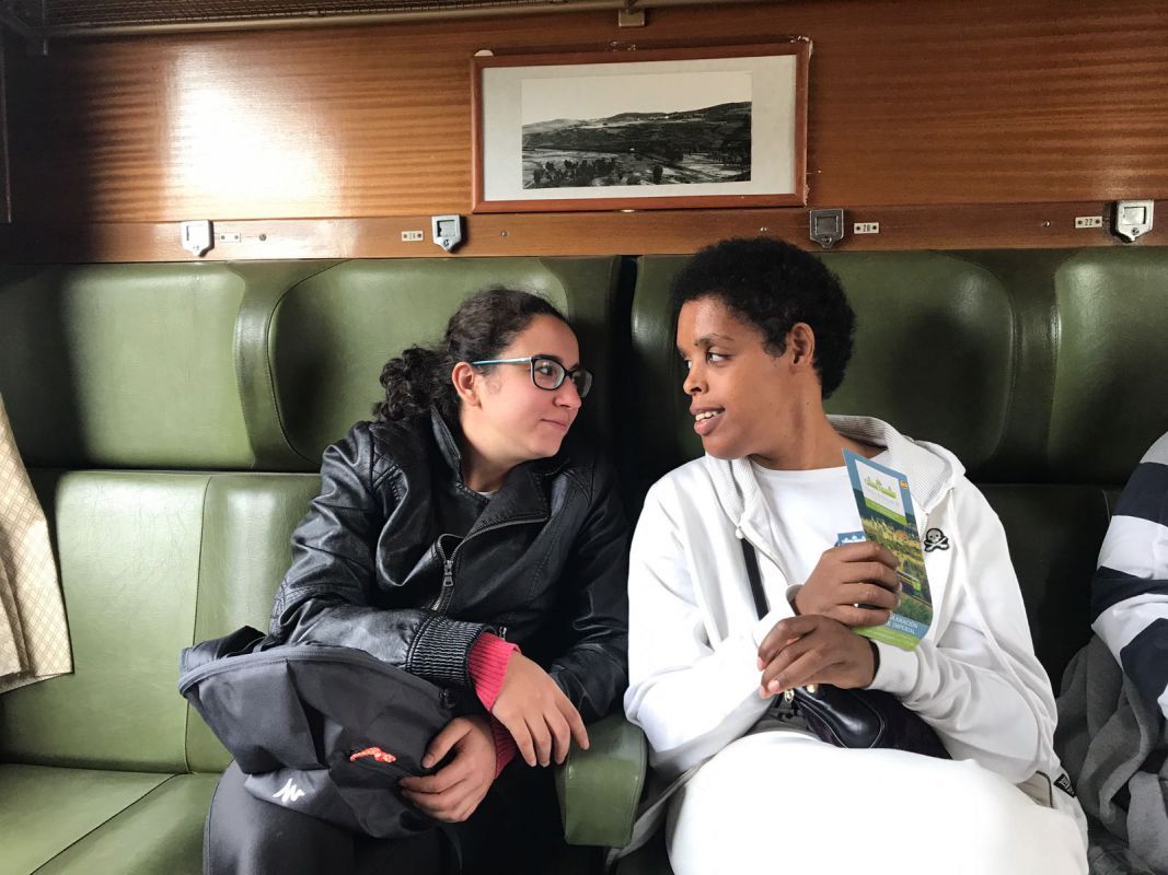 Grupo reunido al pie del tren tras el viaje